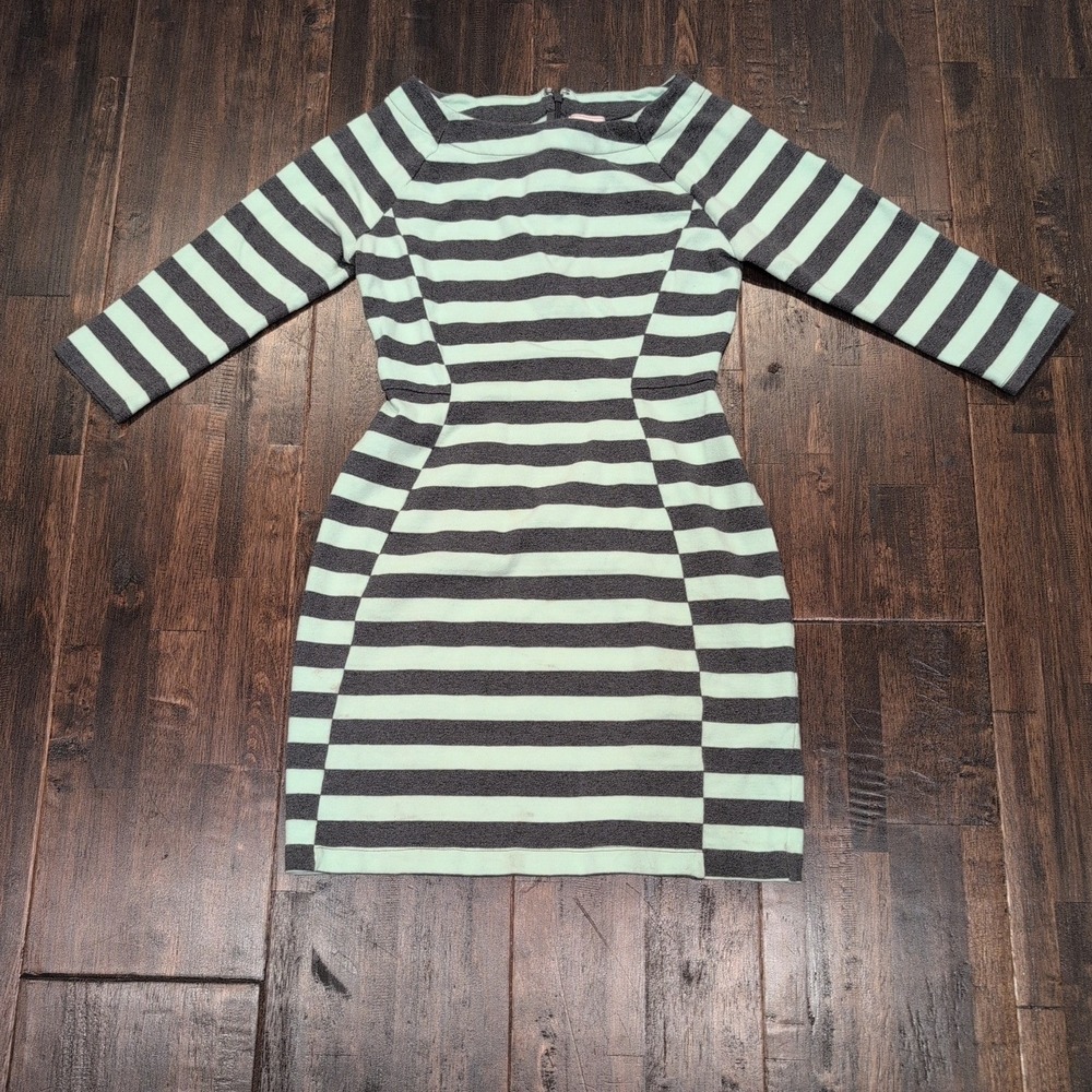 Y2K Gap Gray Mint Green Striped Mini Dress Womens XS Long Sleeve Knit Contour